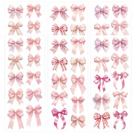 BOXOB 6 Sheets/60pcs Pink Bow Stickers, 30 Designs Cute Waterproof Aesthetic Coquette Bow Decals Bowknot Stickers for Water Bottles Laptop Journal DIY Crafts
