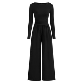 BTFBM Jumpsuits For Women Dressy Casual Fall Clothes 2025 Long Sleeve Knit Ruched Business Lounge Pants Rompers Pockets(Black, XX-Large)