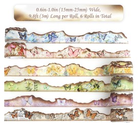 NOGAMOGA Vintage Burnt Looking Edge Washi Tape Set, 6 Rolls, Butterfly Burned Washi Tape, Colourful Tape Kit for Scrapbooking, Junk Journaling, Old Burned Decorative Tape for DIY Crafts