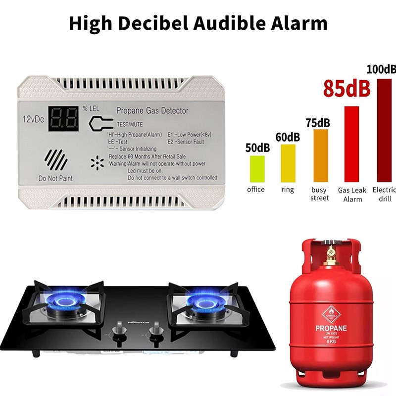 RV Propane Gas Detector 85dB Loud Alarm DC 12V, Mini