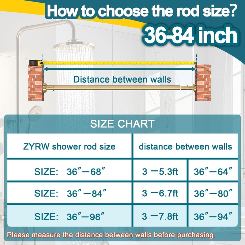 Gold Tension Shower Curtain Rod 36-84 Inch(3-7ft) Never Rust No