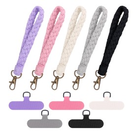 Krijuess Boho Macrame Phone Wrist Strap,5 PCS Cell Phone Lanyard with 5 PCS Phone Tether Tabs,Handmade Phone Wrist Strap Anti-Loss for Women Girls Men(5 Colors)