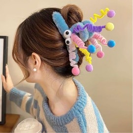 Large Dopamine Shaped Hairpin Funny Plush Eyes Spring Colorful Claw with 8 Small Springs Suitable for Women with Dense Hair, Anti Slip, Strong Grip Hairpin, Blue