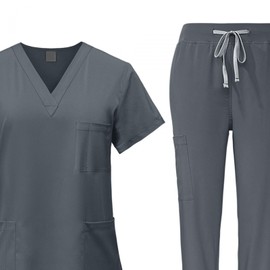 Baoblaze Women Uniform Scrubs Set Top and Pants Durable V Neck Comfortable with Pockets Work Clothing Nurse Workwear for Beauty Center, Gray, XL