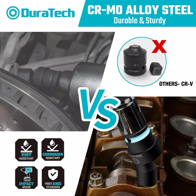 DURATECH 3/8" Drive Impact Swivel Socket Set, Shallow Universal Wobble
