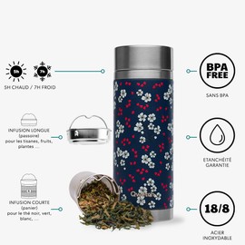 Qwetch - Teapot with Thermos - Hanami Blue 400ml - Nomade Stainless Steel Infuser Bottle - 5 Hours Hot and 7 Hours Cold, BPA Free, Waterproof & Reusable - Ideal for Tea, Coffee, Fruit