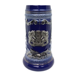 .6 Liter Cobalt Blue Ceramic Stein Mug with Bayern Germany Coat of Arms Engraved Metal Medallion
