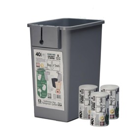 Bags n' Seals Plastic Trash Can Grey, 35-Q 8.75-Gal and 3 40 Count Bag Rolls (120 Bags) with Bag Sealing Mechanism and Trash Bag Deployment System, Wastebasket, Standard Replacement Trash Can