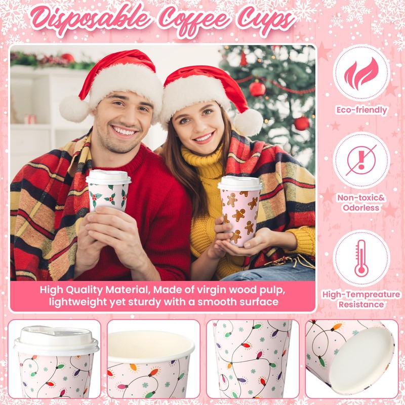 60 Pack Pink Christmas Disposable Coffee Cups with Lids 12
