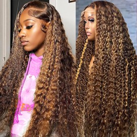 SOEZ Highlight Ombre Lace Front Wig Human Hair 180% Density Highlight Wig Human Hair Pre Plucked 13x4 Deep Wave Lace Frontal Wigs Wet and Wavy 4/27 Honey Blonde Wigs Human Hair for Women 20 Inch