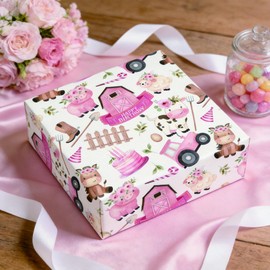 Dtiafu Cow Birthday Wrapping Paper Roll - Pink Farmhouse Animals Tractor Design Packing Gift for Kids,Girls,Women,Baby Shower,Birthday,Party Decor Favor - Total 28.5 sq.ft