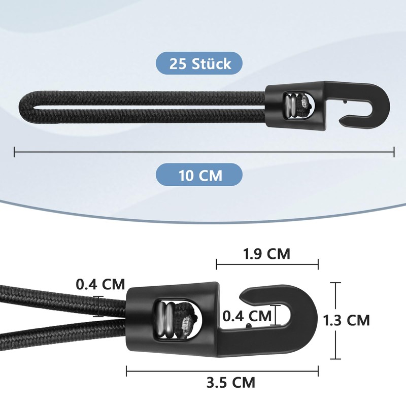 Bungee Cord with Hooks, Pack of 25, Rubber Tensioner with