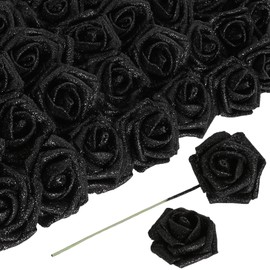 ICBOX Black Flowers Glitter Rose 30 Pcs Artificial Flowers Glitter Flowers Foam Roses with Stem Faux Flowers for DIY Wedding Bridal Bouquet Party Centerpieces Decor(Black)