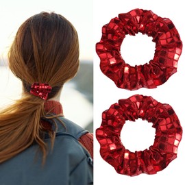 Sliver Glitter Hair Tie Disco Sequin Hair Scrunchies New Years Hair Accessories for Women Girls Happy Birthday Bachelorette Party Favors 2pcs (Red)