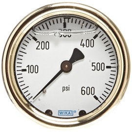 WIKA 9318224 Industrial Pressure Gauge, Liquid-Filled, Copper Alloy Wetted Parts, 2-1/2" Dial, 0-600 psi Range, +/- 2/1/2% Accuracy, 1/4" Male NPT Connection, Center Back Mount