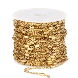 33FT 18K Gold Plated Cable Chain Roll 2mm Stainless Steel Tube Bar Link Chains Spool Bulk for Jewelry Making
