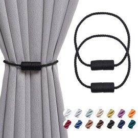 Pretty Jolly 2 Pack Magnetic Curtain Tiebacks 16 Inch Handmade Weave Side Rope Curtain Holdbacks Convenient Decorative Cylinder Curtain Drape Tie Backs for Home & Office Window Drapery (Black)
