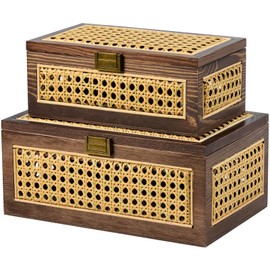 VinneGenzz 2PCS Rattan Storage Boxes Decorative Handmade Natural Wood Baskets with Lid Wooden Frame Boho Rustic Wicker Box Woven Cane Bins Shelf Closet Organizer Container (Walnut, 1 Large 1 Small)