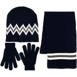 Polar Wear Boy's 3 Piece Knit Hat, Scarf & Gloves Set (Navy-Gray)