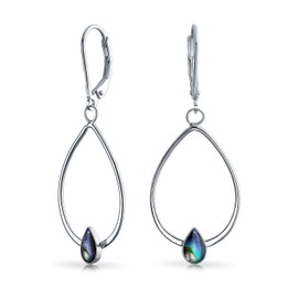Geometric Thin Open Oval Abalone Rainbow Accent Lever back Hoop Dangle Earrings For Women Sterling Silver
