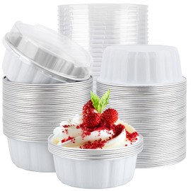 EUSOAR Deli Containers with Lids, 100pcs 9oz White Foil Cupcake Liners for Baking, Disposable Ramekins Pie Cupcakes Bread Pudding Loaf Round Holders Aluminum Pans for Wedding Birthday Theme Party