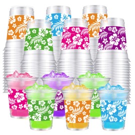 ANYMONYPF 60 PCS Hawaii Luau Plastic Cups 12oz Tropical Hibiscus Flowers Disposable Cup Hawaiian Clear Drinking Cups for Summer Beach Pool Party Aloha Luau Birthday Party Supplies