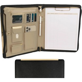 BLU MONACO Portfolio Binder - Black Vegan Leather Padfolio for Women -Folder with Gold Trim