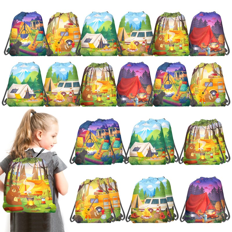 12 Pcs Camping Theme Drawstring Non-Woven Bags Cartoon Drawstring Bag
