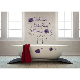 Floral Bathroom Soak Relax Enjoy Quotes Wall Sticker Decals,Purple Flower Rose Bubbles Botanical Decoration Vinyl Wallpaper Mural for Bathroom Lavatory Spa Washroom Restroom