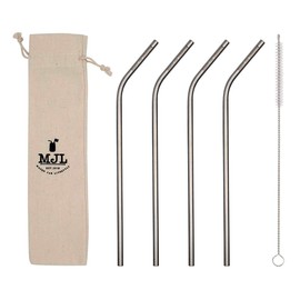 Long Thin Bent Stainless Steel Straws for Quart or Pint & Half Mason Jars, 4 Pack + Cleaning Brush