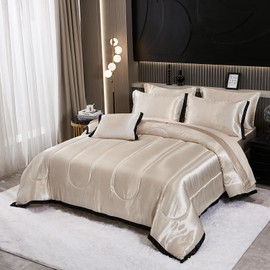 Satin Full Comforter Set Silk Like Beige Bedding Comforter 8 Pieces Black Ruffle Pattern Home Decor Luxury Hotel Silky Bed Sheet Set with 1 Cushion Cover (Full, Beige)