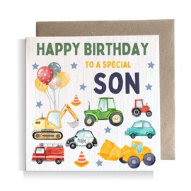Second Ave Digger Son Children's Kids Baby Tractor Car Square Card For Boy Birthday