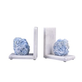 AMOYSTONE Natural Marble Bookends Heavy Duty for Shelves, L-Shaped Decorative Bookends with Rubber Bases, Unique Blue Calcite Stone for Home or Office Book Support