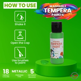 Playkidiz 18PCS Washable Tempera Paint Set for Children (2 oz Each), Non-Toxic Kids Paint for Arts and Crafts, Kid Friendly, Kid Safe Finger Paint Set, Includes 5 of Brushes, Color, Craft, Create and Party.