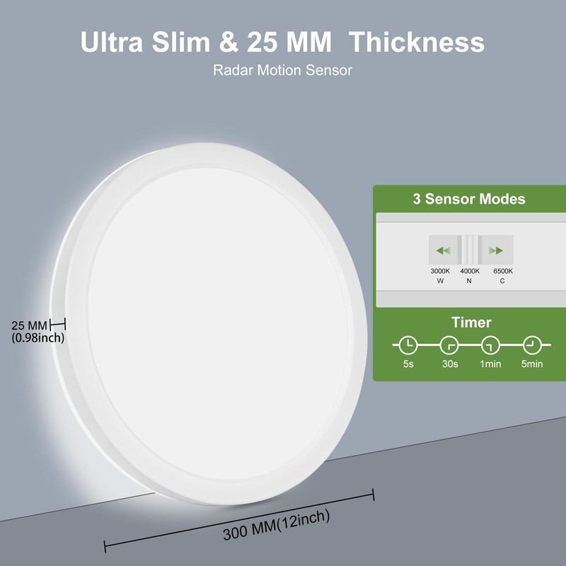 24W Motion Sensor LED Ceiling Light Wired, 2400lm 12Inch 2700K/4000K/6500K