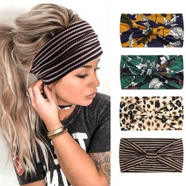 4PC Head Scarfs for Women, Wide Elastic Soft Boho Headband Fashion Bandanas Knot Adult Scarfs Yoga Sport Running Hairbands,Head Wraps (P4WLeafe)