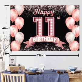 Happy 11th Birthday Rose Gold Banner Backdrop Cheers to 11 Years Old Confetti Balloons Theme Decor Decorations for Girls 11 Years Old Pink Birthday Party Bday Supplies Background Favors Gift Glitter