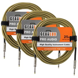 Gearlux Instrument Cable/Guitar Cable, 1/4 Inch, Straight to Straight, Tweed, 25 Feet - 3 Pack