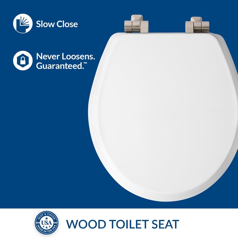 Mayfair Bennett Toilet Seat with Brushed Nickel Hinges, Slow Close
