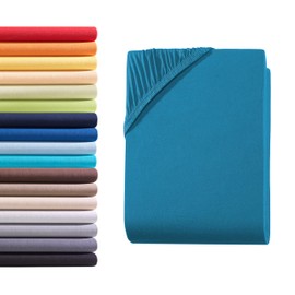 Hometex Premium Textiles Fitted Sheet, 90–100 x 200 cm, Jersey Bed Sheet Made from 100% Cotton, Mattresses up to 23–25 cm, Oeko-Tex Made in Green, Petrol