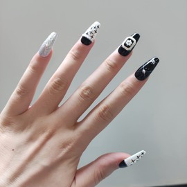 CEBOIC Stick-on nails, press on nails, ballerina black, white and silver with vintage frame, hand-painted luxury reusable gel nails for girls, women, daily party, set of 10