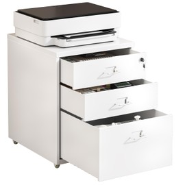 Howzone 3 Drawer Mobile Cabinet with Lock, Metal Storage Cabinets for Home Office, Under Desk Cabinet with Drawers, Mobile File Cabinet, Assemble Required, White