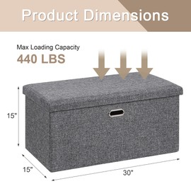 VECELO 30'' Folding Storage Ottoman Bench, End of Bed Linen Fabric Foot Rest Stool with Padded Seat, Large Footstools for Bedroom, Living Room, Load 500 lb, Grey
