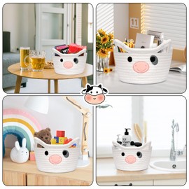 LSYDCARM LSYDCARM Small Cow Woven Baskets, Round Cotton Rope Storage Basket Toy Basket with Handle for Organizing, Cute Baby Basket for Nursery, Gift Basket for Baby Shower, Cat Dog Toy Storage Bins