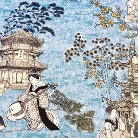 Geisha Japanese Pagoda Oriental Twill Floral Curtain Fabric Material - 280CM Extra Wide Textile - Blue, Mustard (PER METRE)