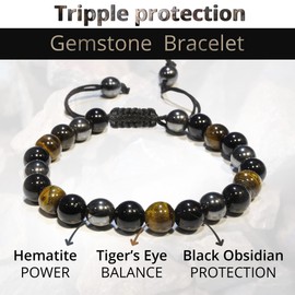 Triple Protection Crystal Bracelet – Gemstone Bead Bracelet with Adjustable Macrame String – Chic Gemstone Bracelet for Men and Women – 8mm Round Healing Crystal Bead Bracelets