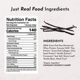 JUST INGREDIENTS Vanilla Bean Protein Powder – 20-Serving Blend with 100% Grass-Fed Whey & Organic Plant Proteins – Real Vanilla Bean & Cinnamon – Supports Muscle Recovery, Energy*