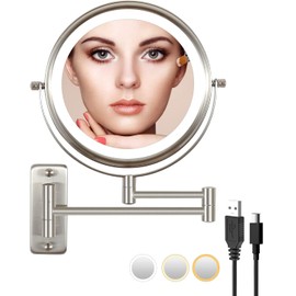 Rechargeable Lighted Makeup Mirror, 10x Magnifying Mirror, 3 Color Lights, Touch Screen Dimming, 360° Extendable Arm Wall Mounted Mirror for Bathroom Shaving (Brushed Nickel)