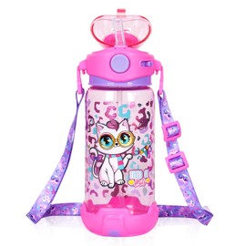 YOYTOO Kids Water Bottle with Straw/Lanyard for School Kids Girls Boys, 22 oz BPA Free Child Drinking Water Bottle One-Click-Open Leak-Proof Locking Flip Lid for Back to School Sport Travel (Cat)