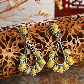 CUSIOALQQ Vintage 925 Sterling Silver Turquoise Dangle Earring for Women, Boho Statement Drop Earrings Imitate Turquoise Ethnic Charms Flower Dangle Earring for Women Girls Jewelry Gift (Yellow)
